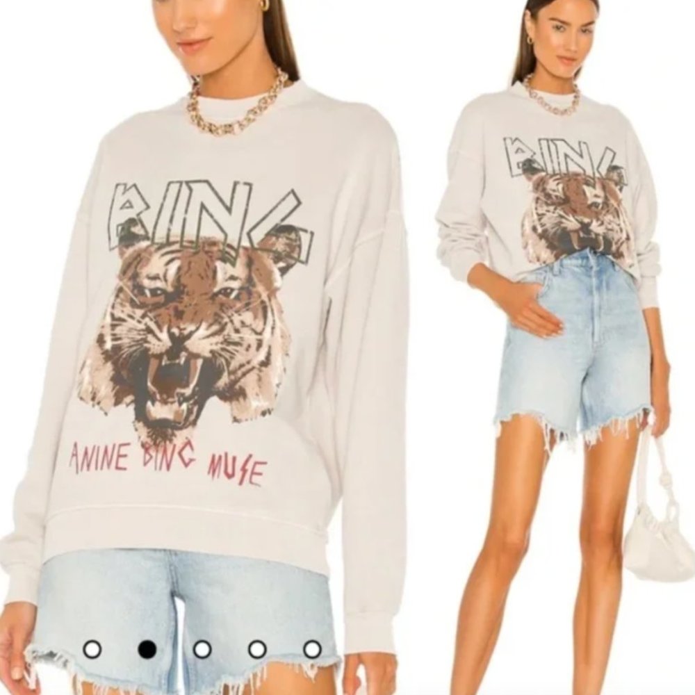 Anine Bing Beige Tiger Printed Graphic Crewneck Sweatshirt Size Large